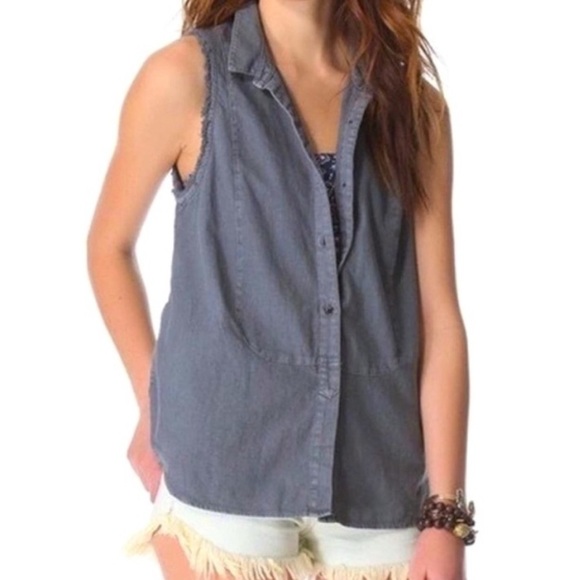 FREE PEOPLE Linen Blend Gray Raw Distressed Hem Button Up Collard Sleeveless Top - Picture 1 of 11